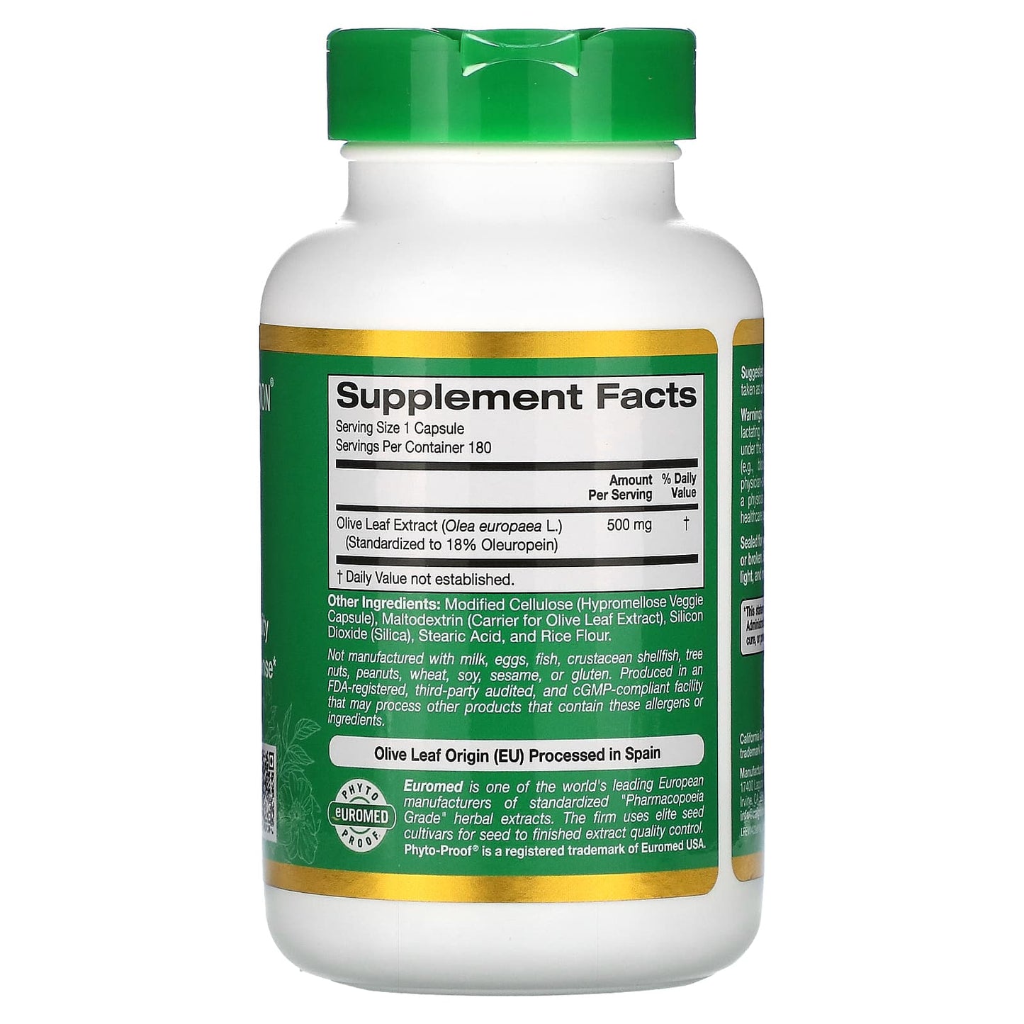 California Gold Nutrition, Olive Leaf Extract, EuroHerbs, European Quality, 500 mg, 180 Veggie Capsules