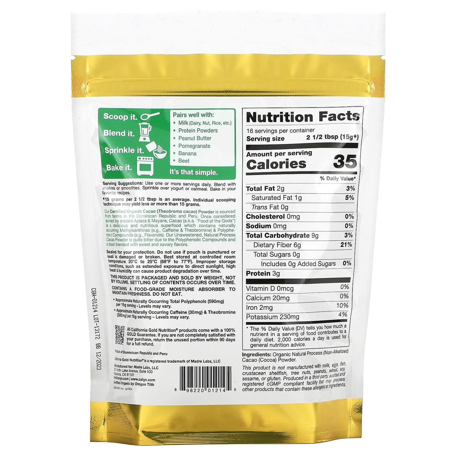 California Gold Nutrition, SUPERFOODS - Organic Cacao Powder, 8.5 oz (240 g)