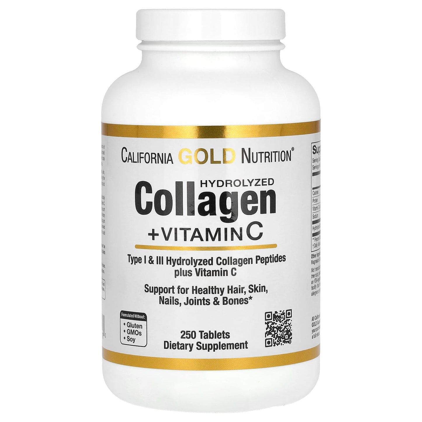 California Gold Nutrition-Hydrolyzed Collagen Peptides + Vitamin C-Type I & III-250 Tablets
