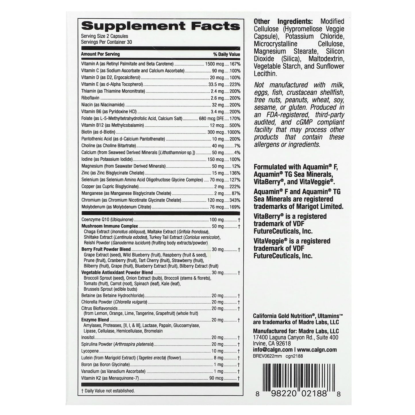 California Gold Nutrition, Ultamins Men's Multivitamin with CoQ10, Mushrooms, Enzymes, Veggies & Berries, 60 Veggie Capsules