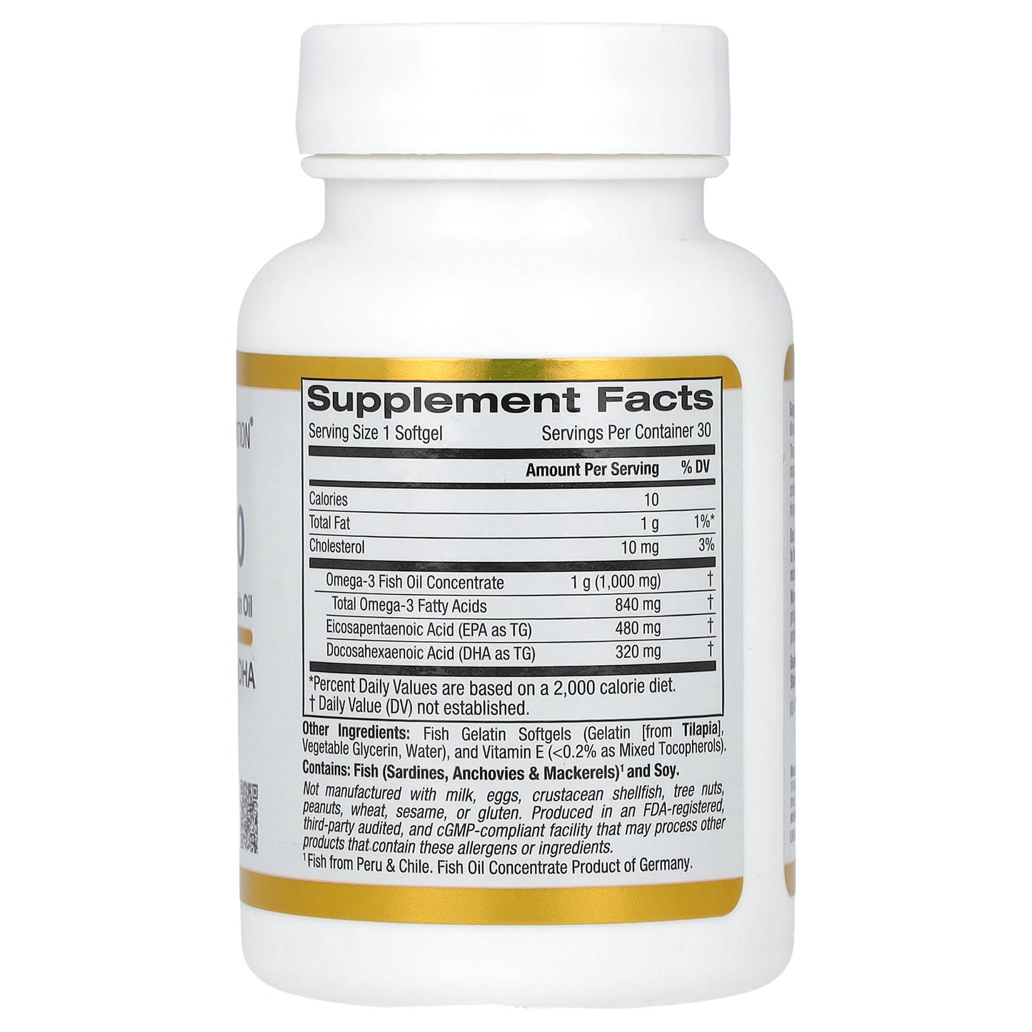 California Gold Nutrition, Omega 800 Pharmaceutical Grade Fish Oil, 80% EPA/DHA, Triglyceride Form, 1,000 mg, 30 Fish Gelatin Softgels