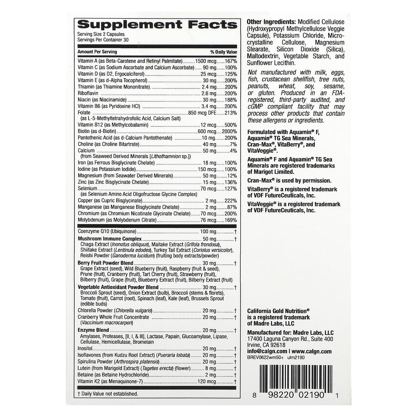 California Gold Nutrition, Ultamins Women's 50+ Multivitamin with CoQ10, Mushrooms, Enzymes, Veggies & Berries, 60 Veggie Capsules