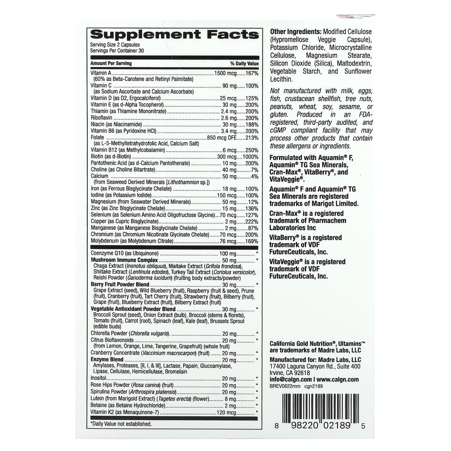 California Gold Nutrition, Ultamins Women's Multivitamin with CoQ10, Mushrooms, Enzymes, Veggies & Berries, 60 Veggie Capsules