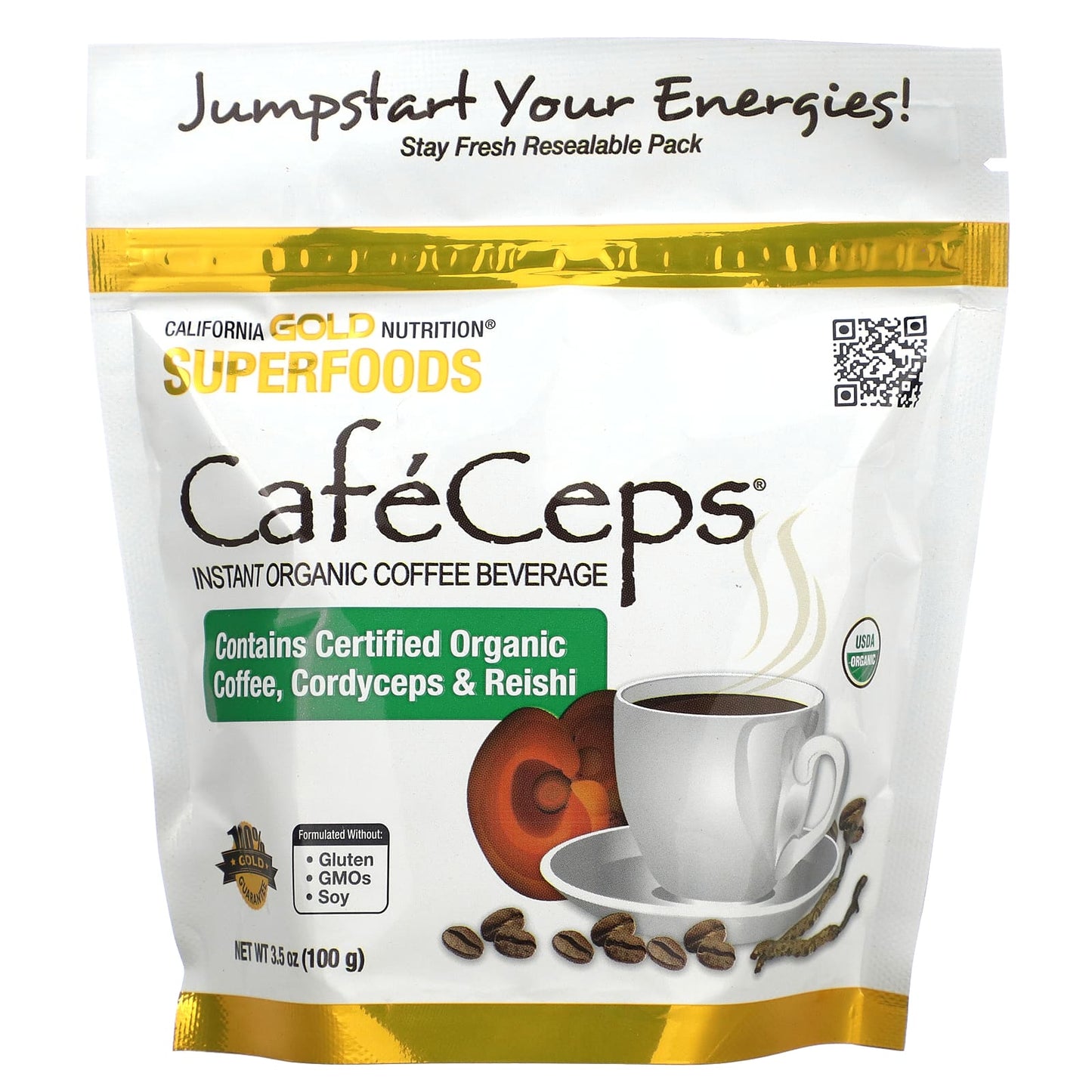 California Gold Nutrition-CafeCeps-Certified Organic Instant Coffee with Cordyceps and Reishi Mushroom Powder-3.5 oz (100 g)