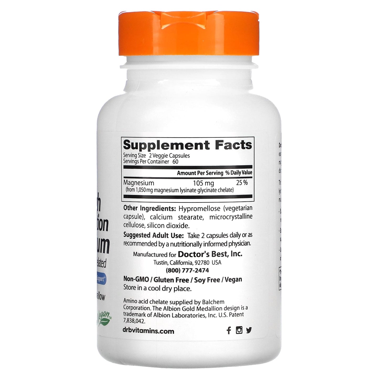 Doctor's Best, High Absorption Magnesium, 105 mg, 120 Veggie Caps (52.5 mg per Capsule)