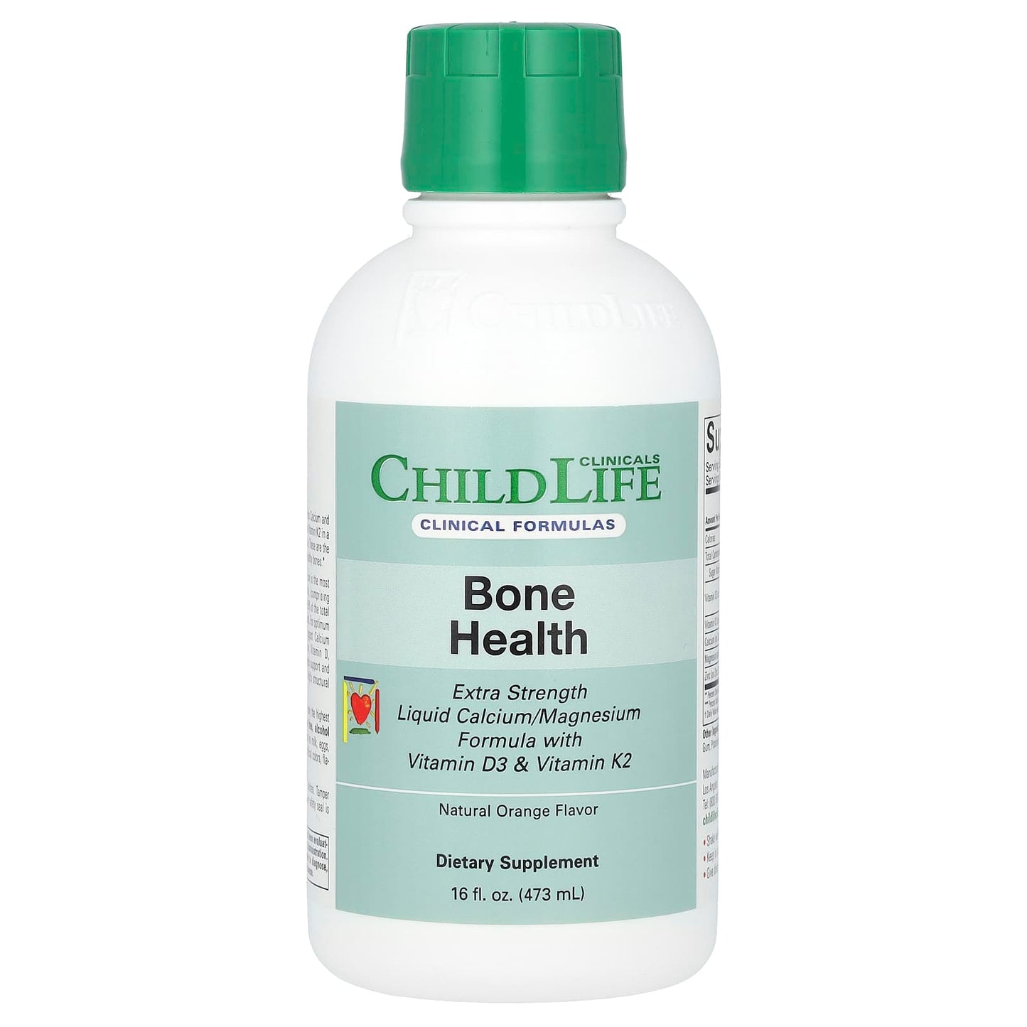 ChildLife Clinicals-Liquid Calcium/Magnesium Formula with Vitamin D3 & Vitamin K2-Extra Strength-Natural Orange-16 fl oz (473 ml)