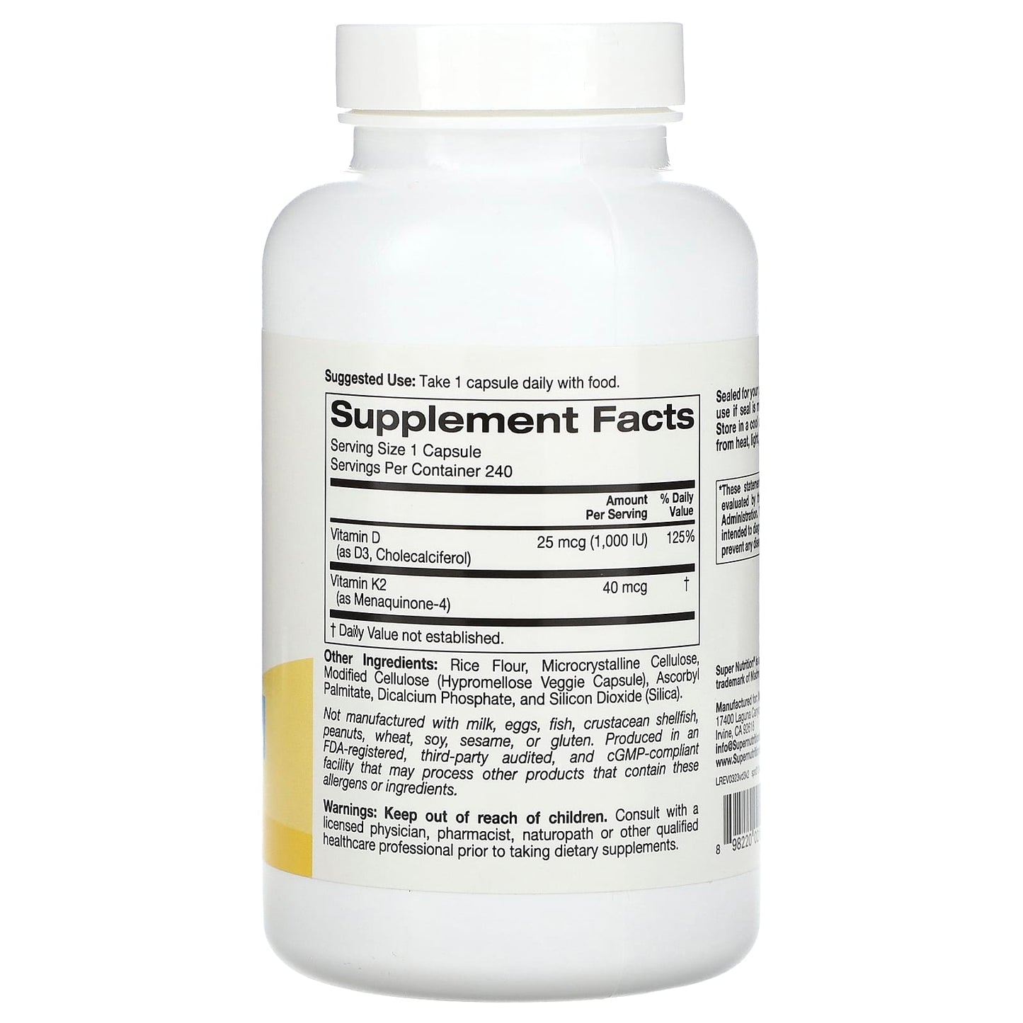 Super Nutrition, Vitamin D3 + K2, 240 Veggie Capsules
