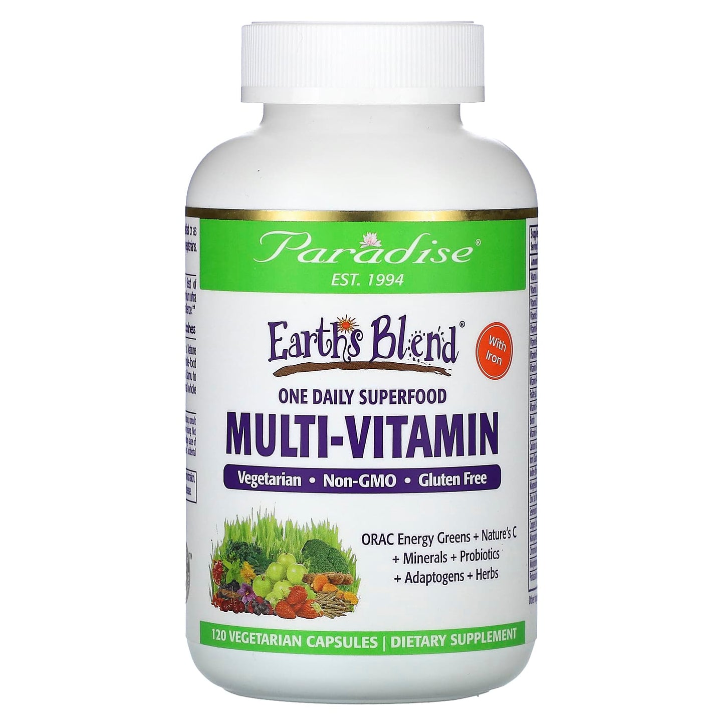 Paradise Herbs-Earth's Blend-One Daily Superfood Multi-Vitamin with Iron-120 Vegetarian Capsules