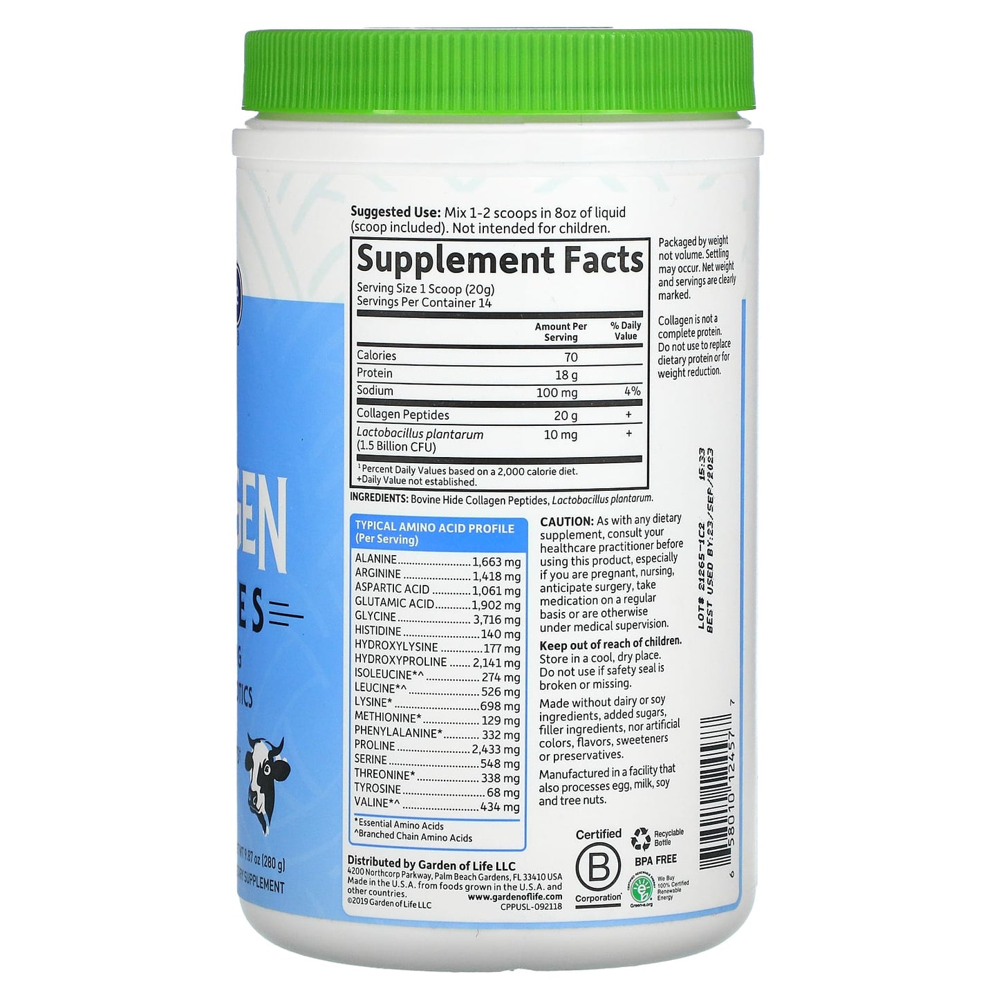 Garden of Life, Grass Fed Collagen Peptides, Unflavored, 9.87 oz (280 g)