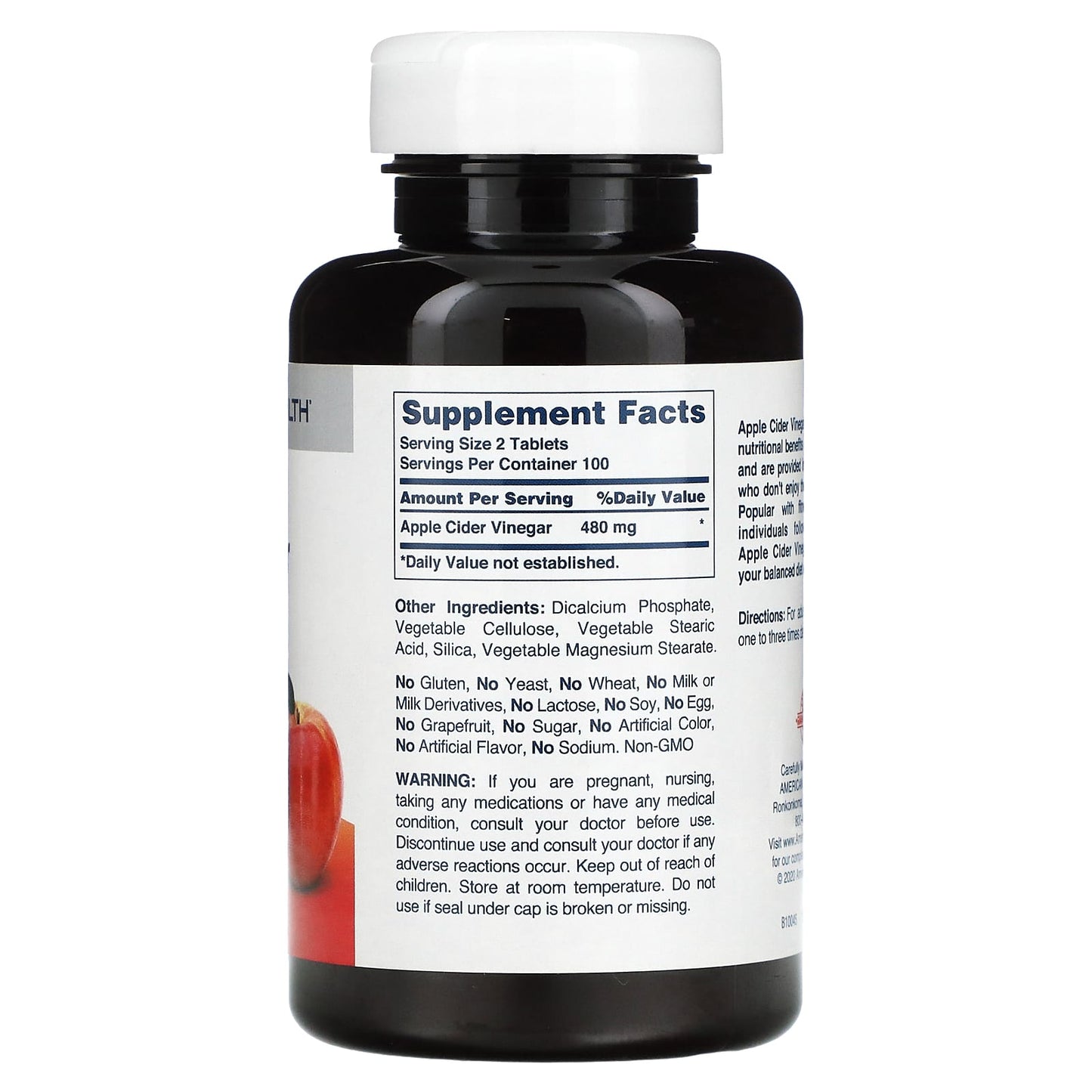 American Health, Apple Cider Vinegar, 480 mg, 200 Tablets (240 mg per Tablet)