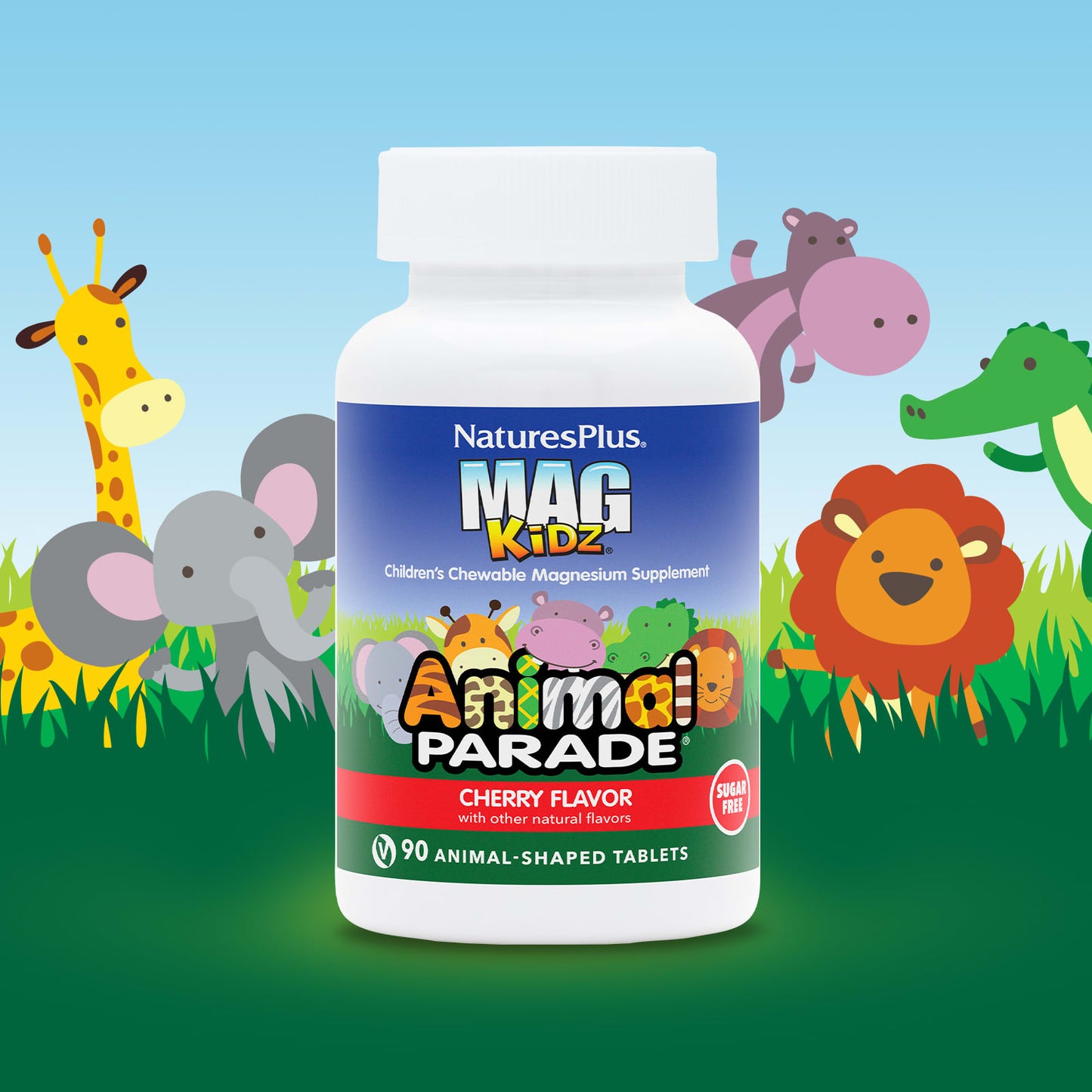 NaturesPlus, MagKidz, Animal Parade, Children's Chewable Magnesium, Cherry, 90 Animal-Shaped Tablets