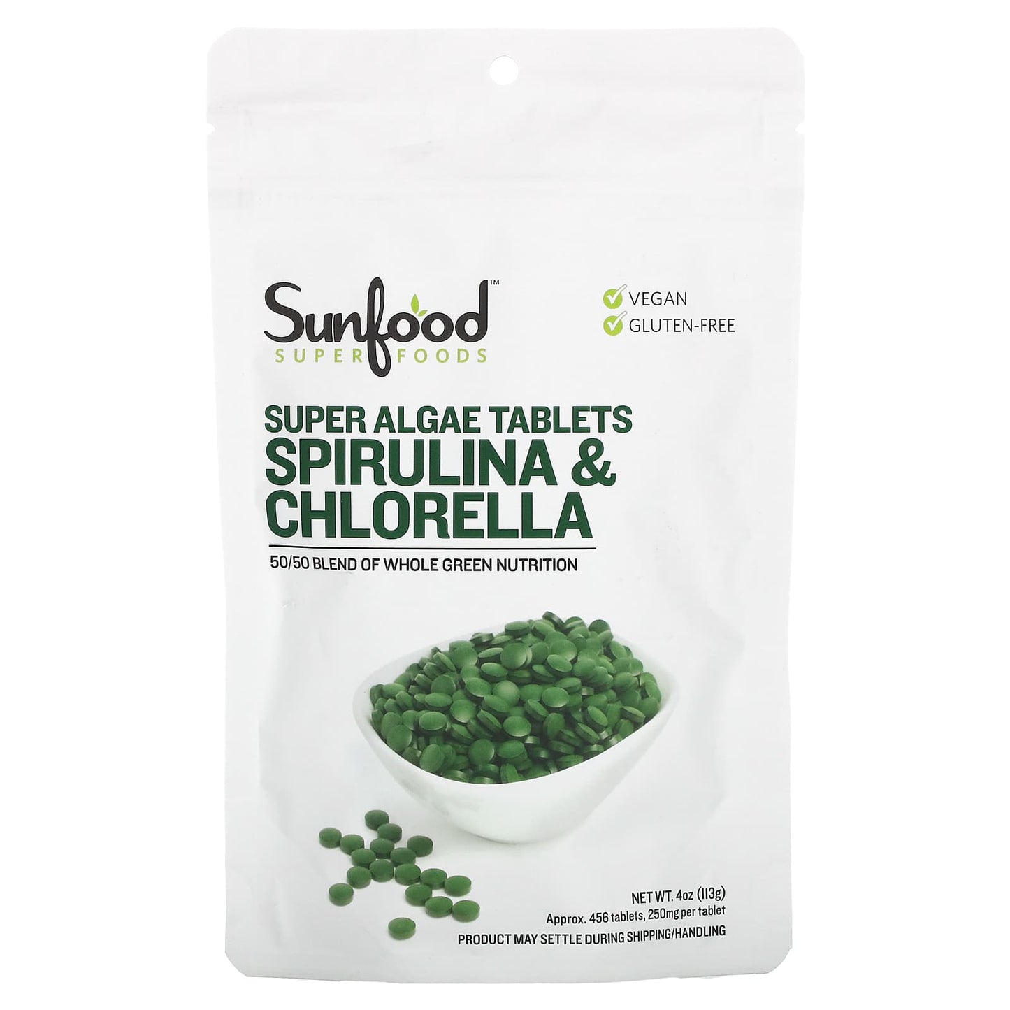 Sunfood-Super Algae Tablets Spirulina & Chlorella-250 mg-456 Tablets