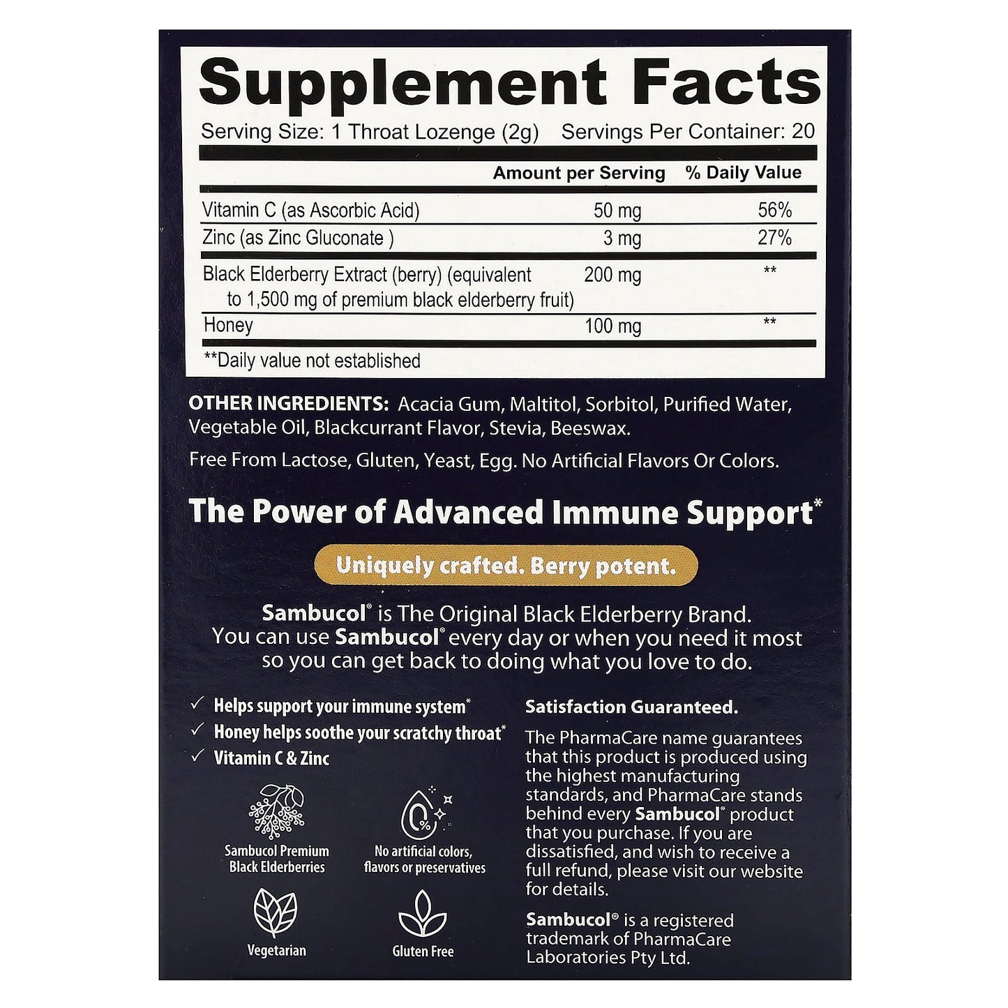 Sambucol, Black Elderberry, Advanced Immune Support with Vitamin C & Zinc, 20 Lozenges