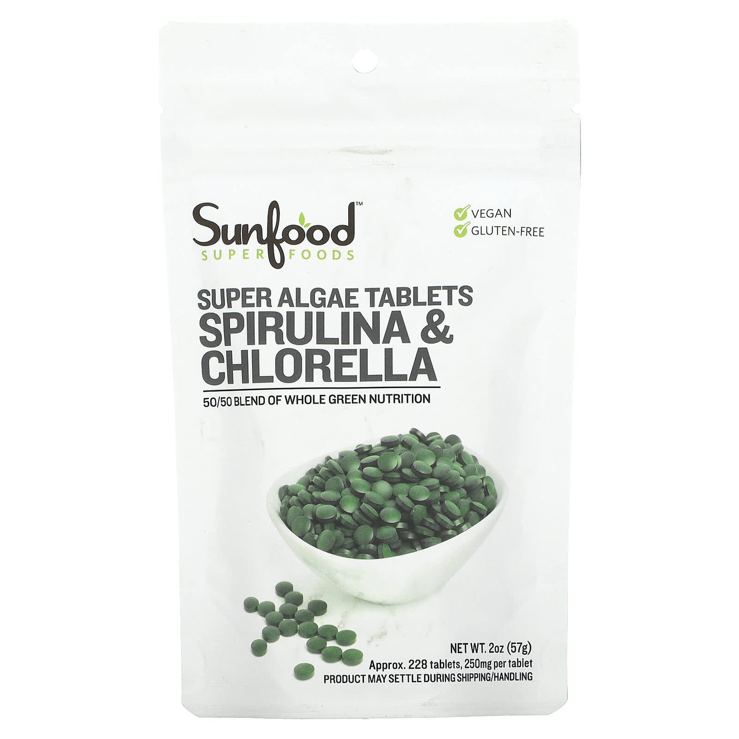 Sunfood-Spirulina & Chlorella-Super Algae Tablets-250 mg- Approx. 228 Tablets-2 oz (57 g)