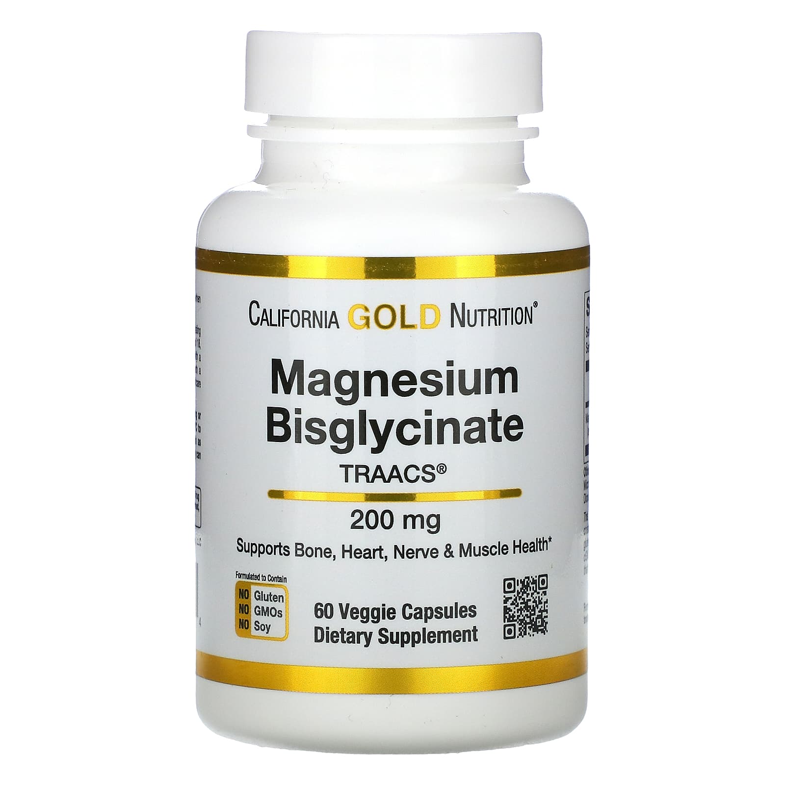 California Gold Nutrition-Magnesium Bisglycinate-Albion TRAACS-200 mg-60 Veggie Capsules (100 mg per Capsule)
