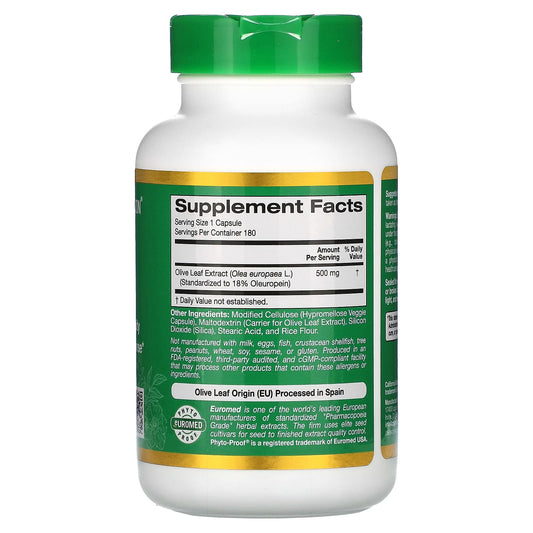 California Gold Nutrition, Olive Leaf Extract, EuroHerbs, European Quality, 500 mg, 180 Veggie Capsules