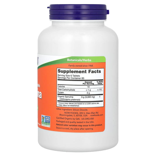 NOW Foods, Certified Organic Spirulina, 3,000 mg, 500 Tablets (500 mg Per Tablet)
