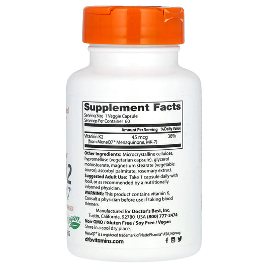 Doctor's Best, Natural Vitamin K2 MK-7 with MenaQ7, 45 mcg, 60 Veggie Caps