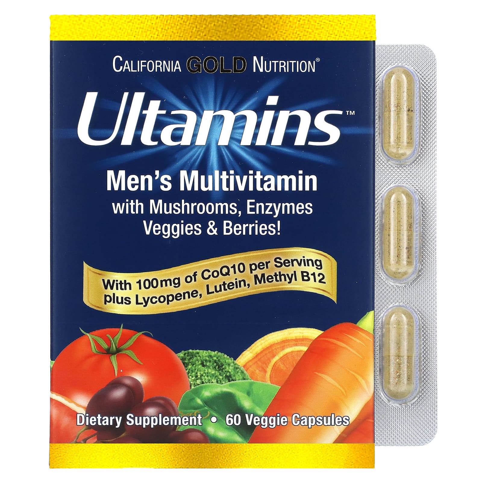 California Gold Nutrition-Ultamins Men's Multivitamin with CoQ10-Mushrooms-Enzymes-Veggies & Berries-60 Veggie Capsules