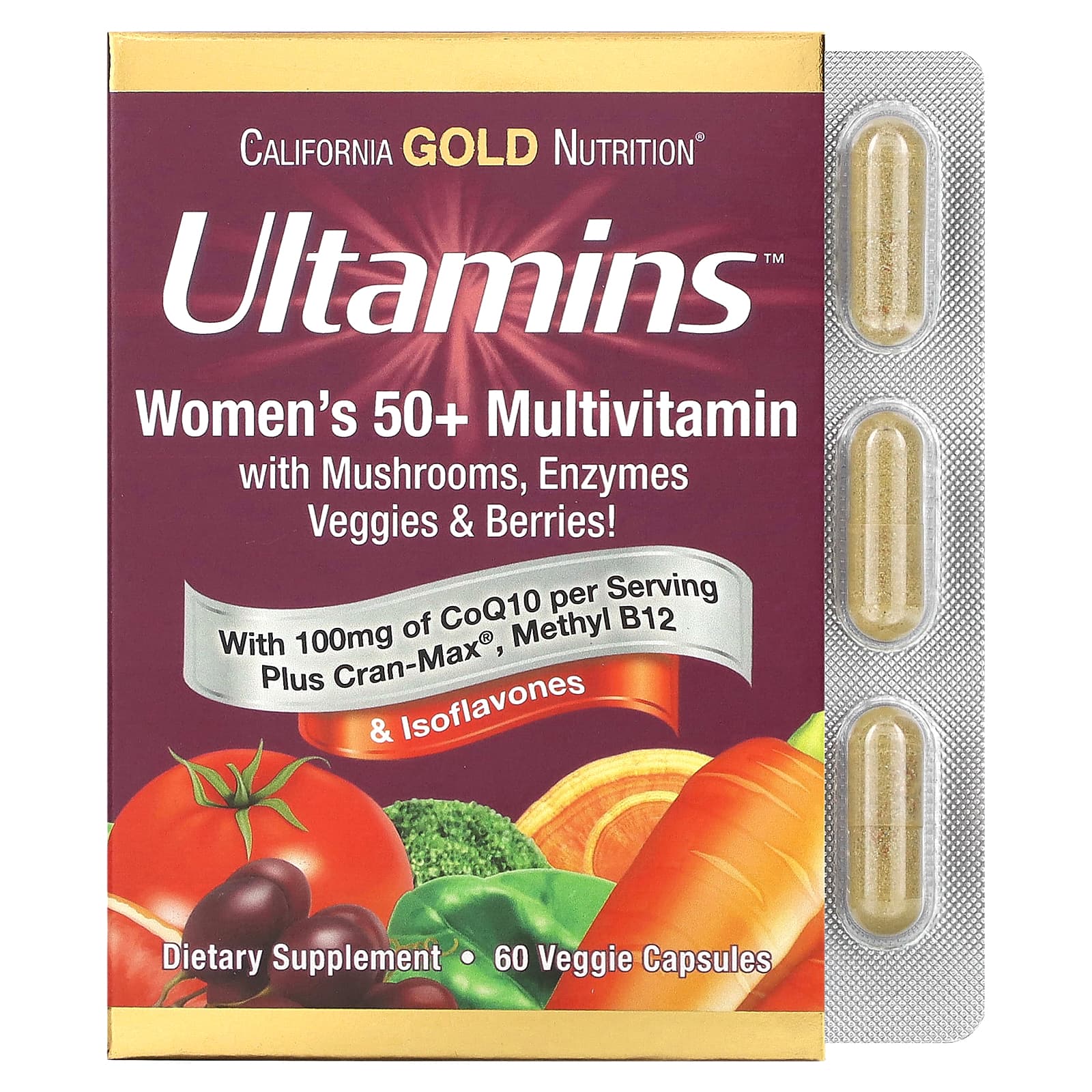 California Gold Nutrition-Ultamins Women's 50+ Multivitamin with CoQ10-Mushrooms-Enzymes-Veggies & Berries-60 Veggie Capsules