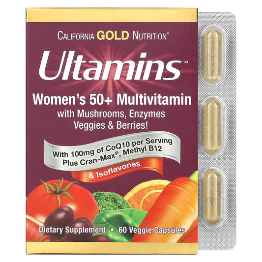 California Gold Nutrition-Ultamins Women's 50+ Multivitamin with CoQ10-Mushrooms-Enzymes-Veggies & Berries-60 Veggie Capsules