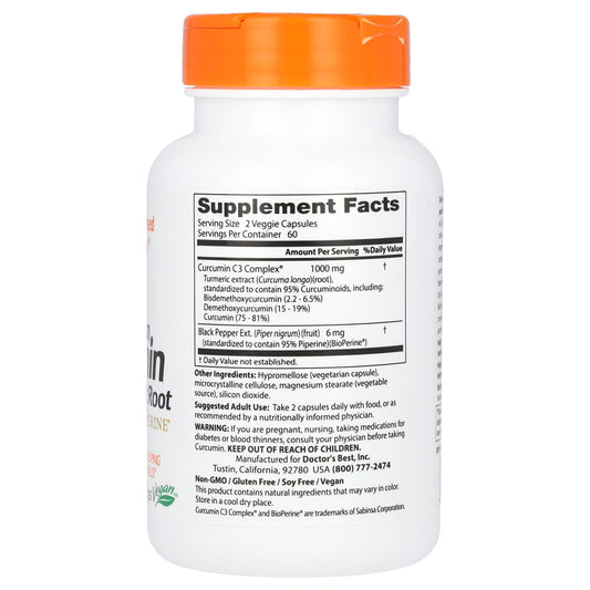 Doctor's Best, High Absorption Curcumin, 1,000 mg, 120 Veggie Caps (500 mg Per Capsule)