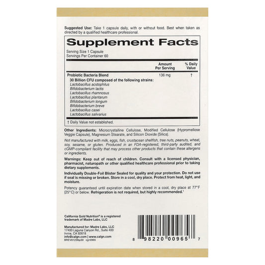 California Gold Nutrition, LactoBif 30, 30 Billion CFU, 60 Veggie Capsules