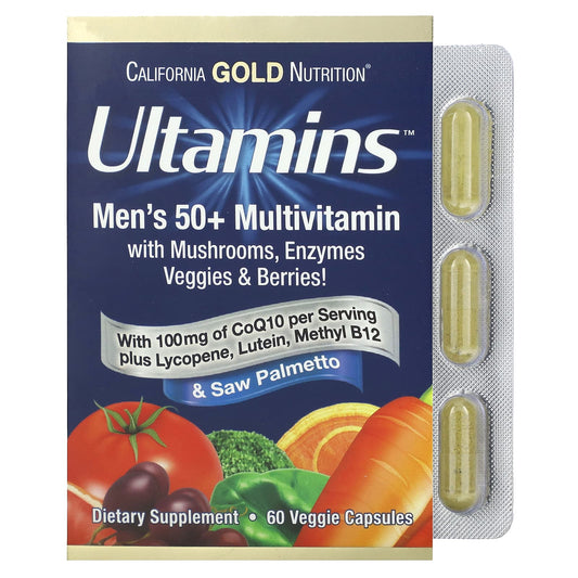 California Gold Nutrition-Ultamins Men's 50+ Multivitamin with CoQ10-Mushrooms-Enzymes-Veggies & Berries-60 Veggie Capsules