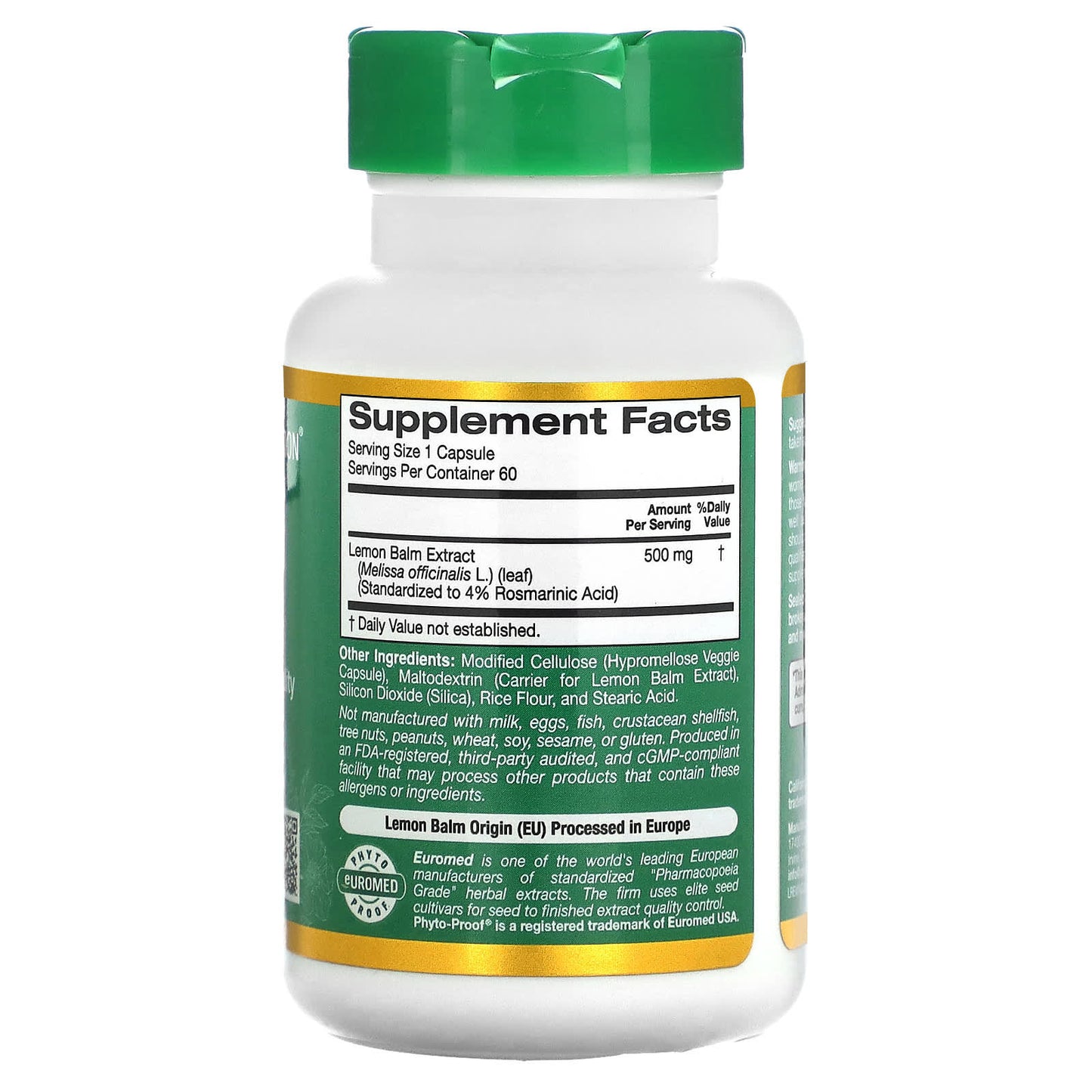 California Gold Nutrition, EuroHerbs, Lemon Balm Extract, 500 mg, 60 Veggie Capsules