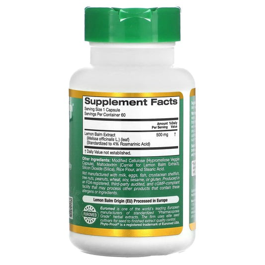 California Gold Nutrition, EuroHerbs, Lemon Balm Extract, 500 mg, 60 Veggie Capsules