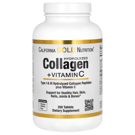 California Gold Nutrition-Hydrolyzed Collagen Peptides + Vitamin C-Type I & III-250 Tablets
