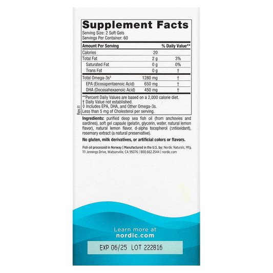 Nordic Naturals, Ultimate Omega, Lemon, 1,280 mg, 120 Soft Gels (640 mg per Soft Gel)