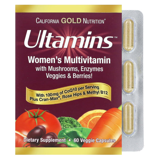 California Gold Nutrition-Ultamins Women's Multivitamin with CoQ10-Mushrooms-Enzymes-Veggies & Berries-60 Veggie Capsules
