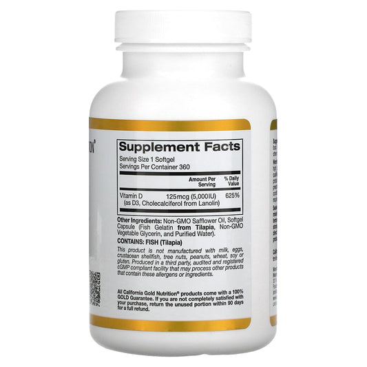 California Gold Nutrition, Vitamin D3, 125 mcg (5,000 IU), 360 Fish Gelatin Softgels