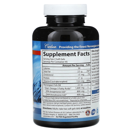 Carlson, Wild Norwegian, Elite Omega-3 Gems, Natural Lemon, 1,600 mg, 90 Soft Gels (800 mg per Soft Gel)