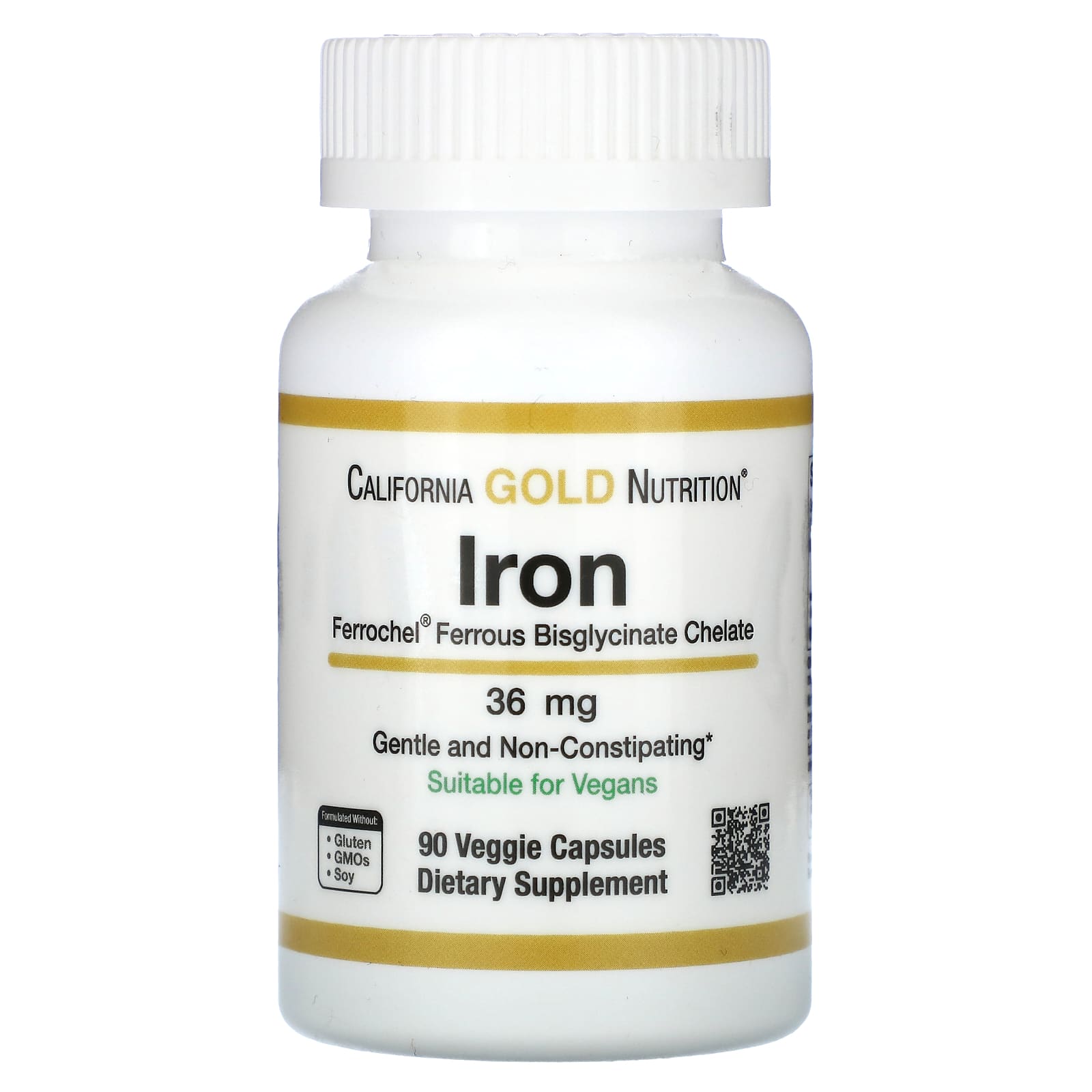 California Gold Nutrition-Ferrochel Iron (Bisglycinate)-36 mg-90 Veggie Capsules