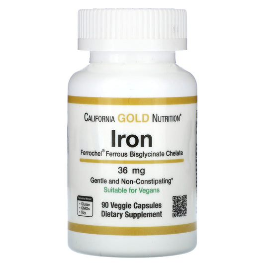 California Gold Nutrition-Ferrochel Iron (Bisglycinate)-36 mg-90 Veggie Capsules
