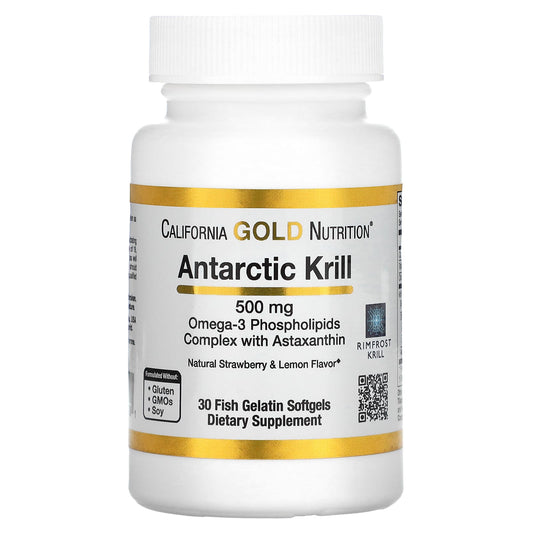 California Gold Nutrition-Antarctic Krill Oil-Omega-3 Phospholipids Complex with Astaxanthin-Natural Strawberry and Lemon Flavor-500 mg-30 Fish Gelatin Softgels