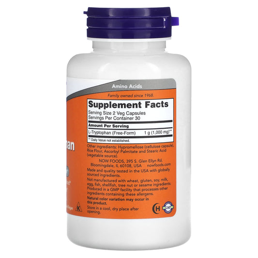 NOW Foods, L-Tryptophan, 500 mg, 60 Veg Capsules (500 mg per Capsule)