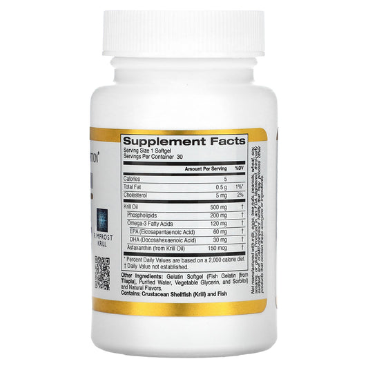 California Gold Nutrition, Antarctic Krill Oil, Omega-3 Phospholipids Complex with Astaxanthin, Natural Strawberry and Lemon Flavor, 500 mg, 30 Fish Gelatin Softgels