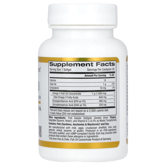 California Gold Nutrition, Omega 800 Pharmaceutical Grade Fish Oil, 80% EPA/DHA, Triglyceride Form, 1,000 mg, 30 Fish Gelatin Softgels