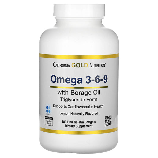California Gold Nutrition-Norwegian Omega 3-6-9  Fish Oil with Borage Oil-Natural Lemon Flavor-180 Softgels