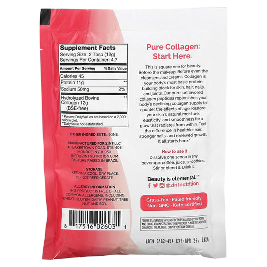 Zint, Pure Grass-Fed Collagen Peptides, Unflavored, 2 oz (56.6 g)