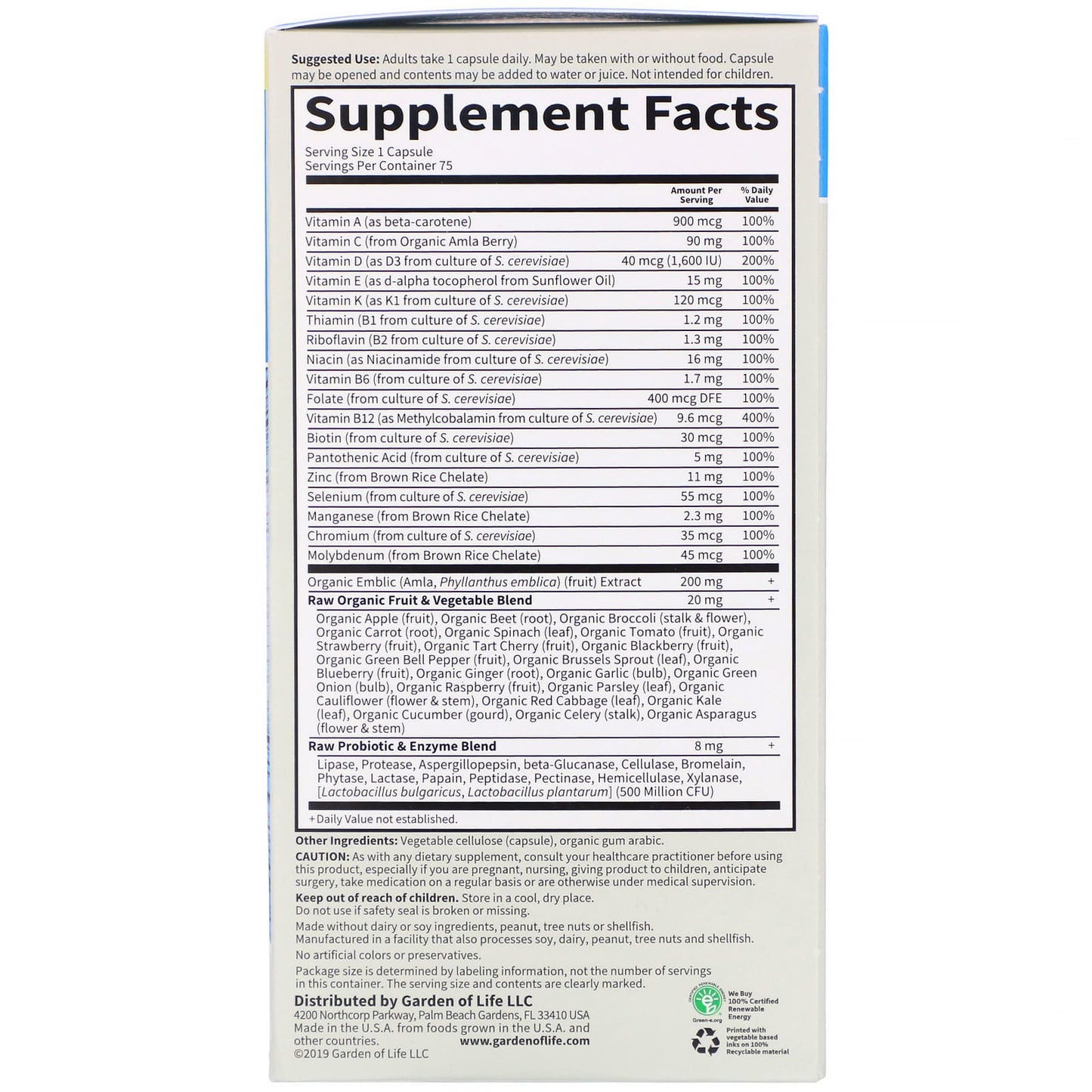Garden of Life, Vitamin Code, RAW One, Once Daily Multivitamin For Men, 75 Vegetarian Capsules