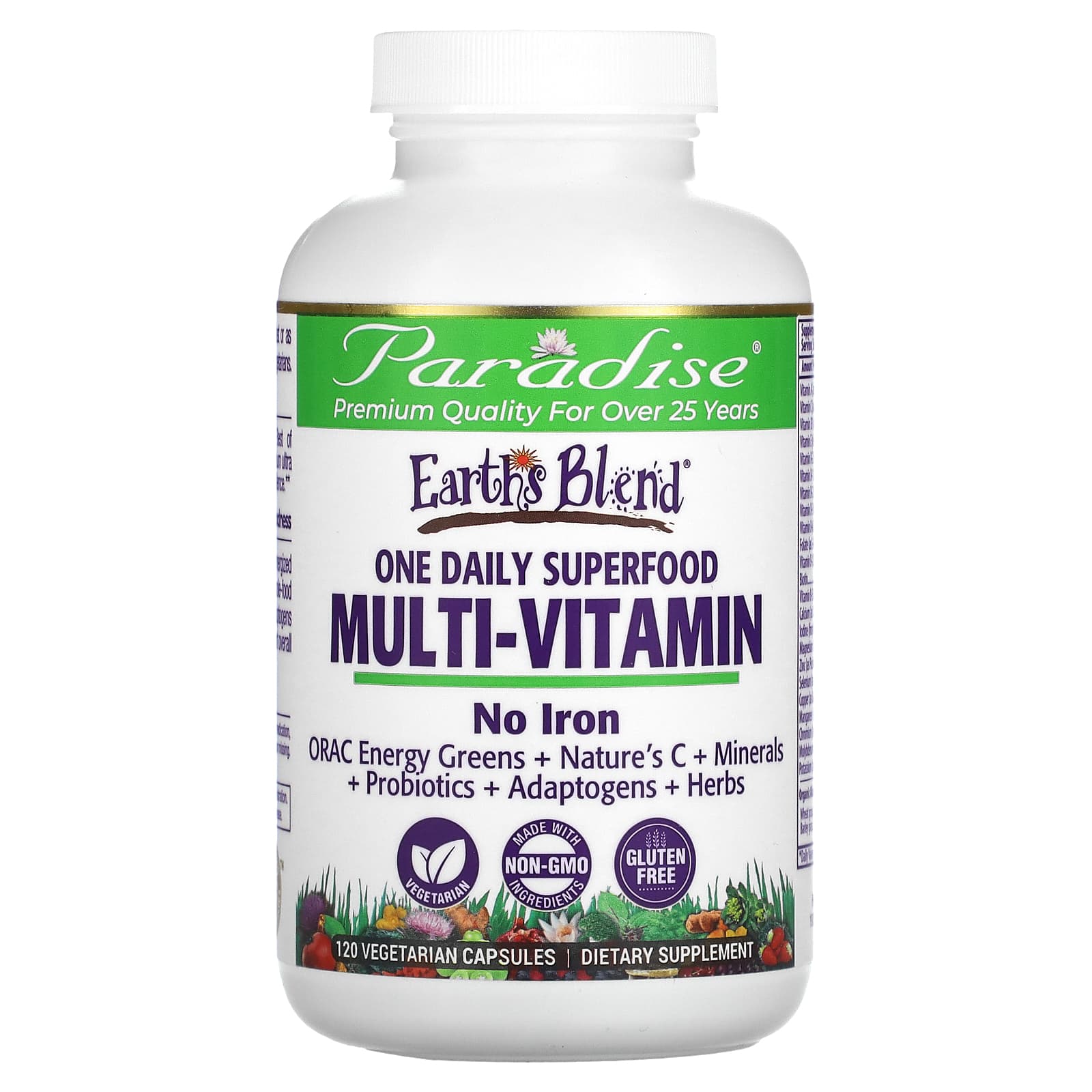 Paradise Herbs-Earth's Blend-One Daily Superfood Multi-Vitamin-No Iron-120 Vegetarian Capsules