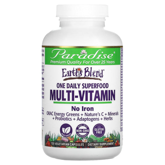 Paradise Herbs-Earth's Blend-One Daily Superfood Multi-Vitamin-No Iron-120 Vegetarian Capsules
