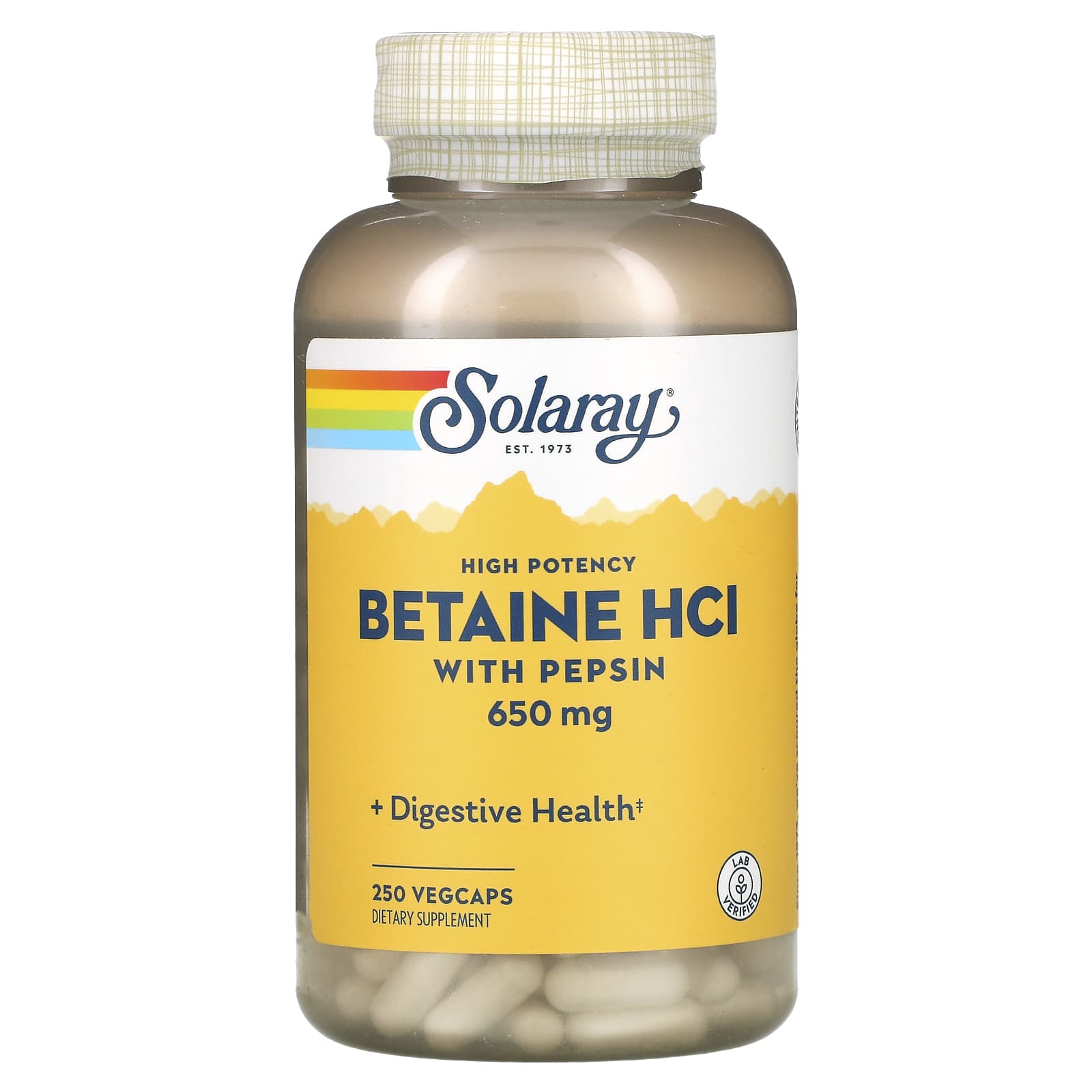 Solaray-High Potency Betaine HCl with Pepsin-650 mg-250 VegCaps