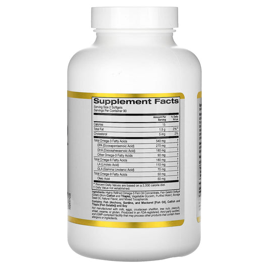 California Gold Nutrition, Norwegian Omega 3-6-9  Fish Oil with Borage Oil, Natural Lemon Flavor, 180 Softgels