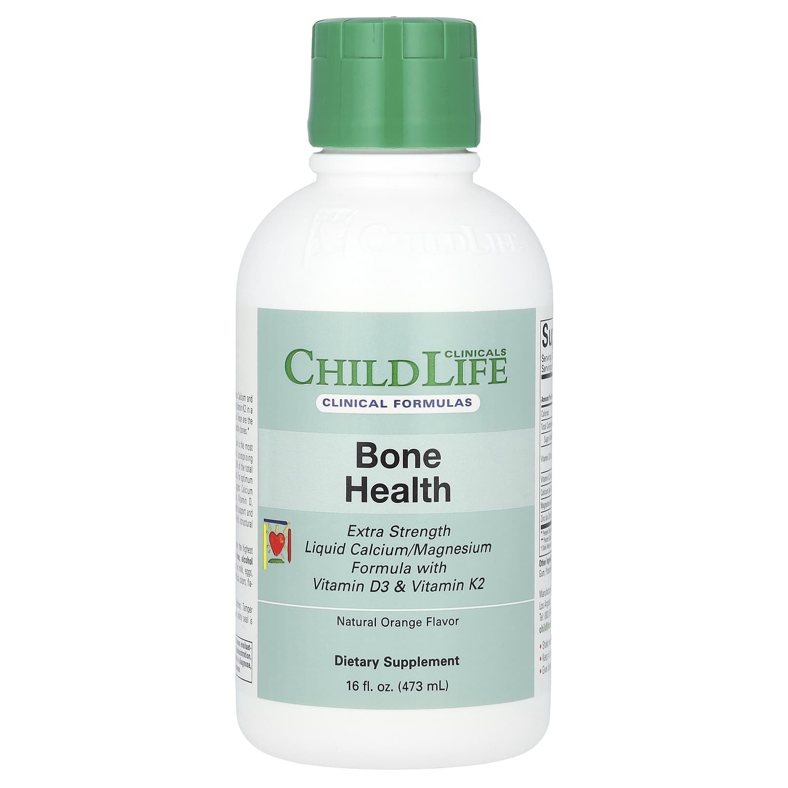 ChildLife Clinicals-Liquid Calcium/Magnesium Formula with Vitamin D3 & Vitamin K2-Extra Strength-Natural Orange-16 fl oz (473 ml)