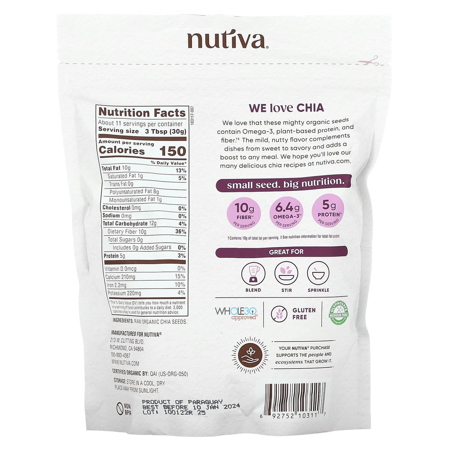 Nutiva, Organic Chia Seeds, 12 oz (340 g)